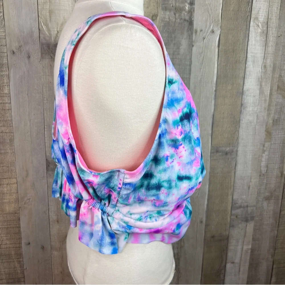 Decree Size 3X Tie Dye Ruffle Hem Tie Front Bikini Padded Top w/Side Wir…
